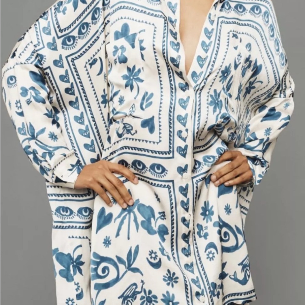 Corey Lynn Calter Blue and Ivory Floral Mini Shirt-dress